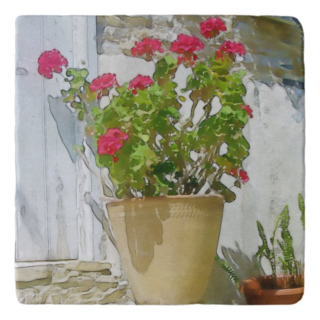 Red watercolor geranium trivet (Front)