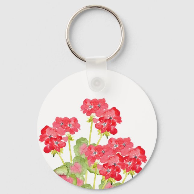 Red Watercolor Geraniums 2 Keychain (Front)
