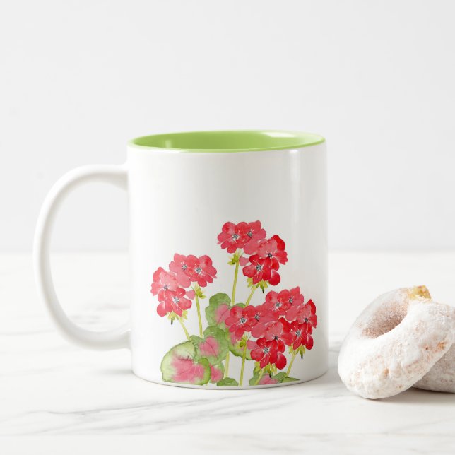 Red Watercolor Geraniums 2 Two-Tone Coffee Mug (With Donut)