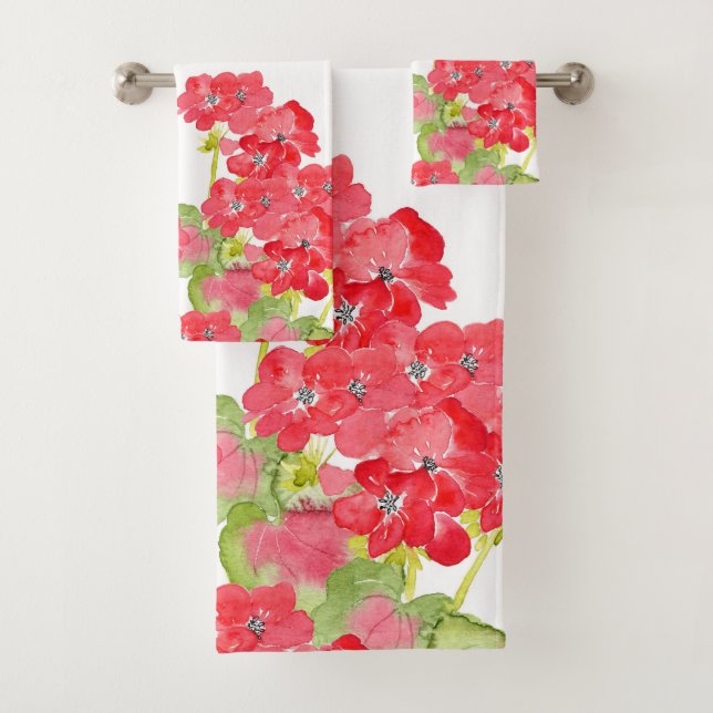 Red Watercolor Geraniums Bath Towel Set (Insitu)