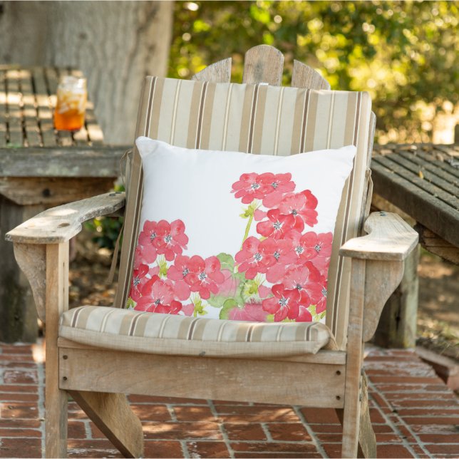 Red Watercolor Geraniums  Outdoor Pillow (Chair)