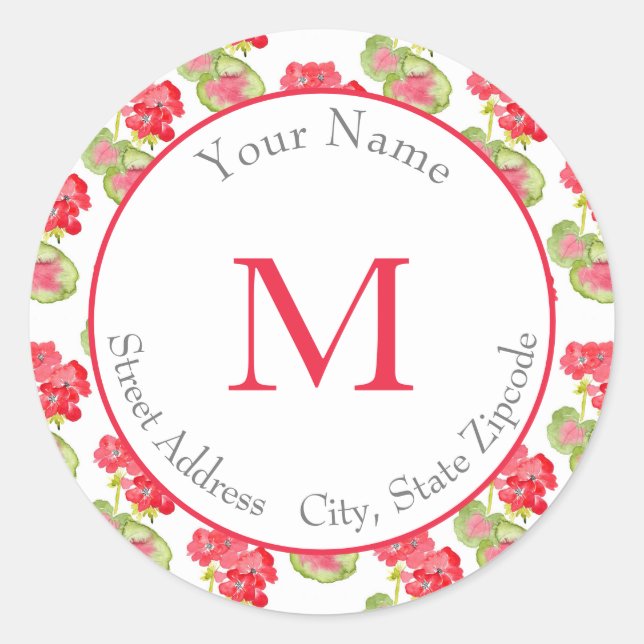 'Red Watercolor Geraniums Pattern'  Labels (Front)