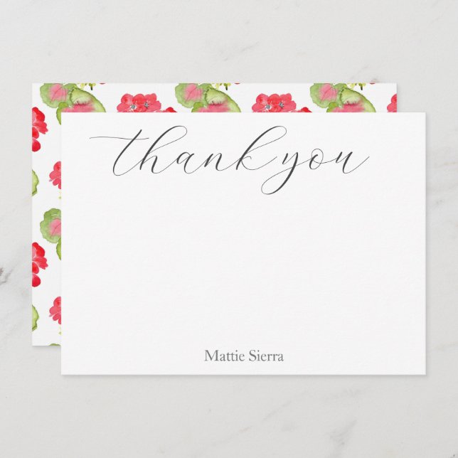 Red Watercolor Geraniums Pattern Thank You Card (Front/Back)