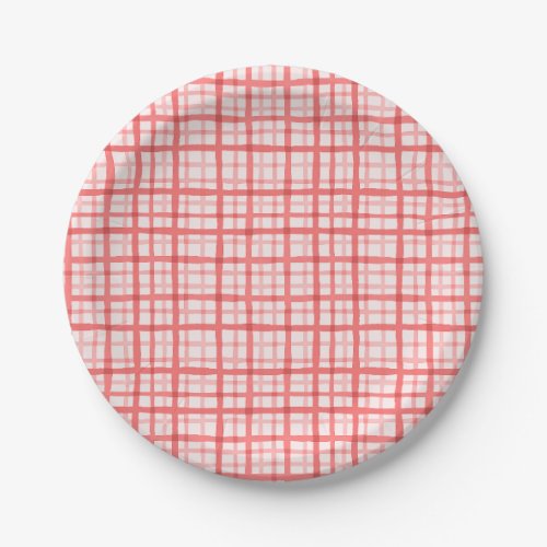 Red Watercolor Gingham Pattern Birthday Paper Plates