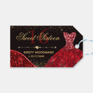Red Watercolor Glitter Dress Sweet 16 Birthday Gift Tags