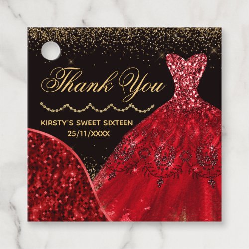Red Watercolor Glitter Dress Sweet 16 Favor Tags