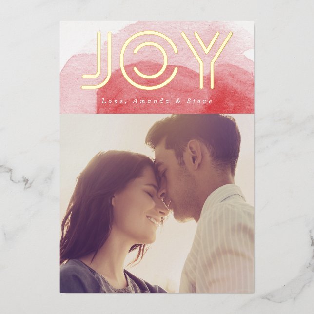 Red Watercolor GOLD JOY Christmas Photo Foil Holiday Card (Front)