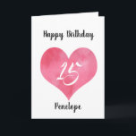 Red Watercolor Heart 15th Birthday Card<br><div class="desc">A personalized red watercolor heart 15th birthday card for daughter, granddaughter, sister, etc. You will be able to easily personalize the front with her name. The inside card message and back of the card can also be personalize. This personalized 15th birthday card for her would make a unique birthday keepsake....</div>