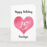 Red Watercolor Heart 15th Birthday Card<br><div class="desc">A personalized red watercolor heart 15th birthday card for daughter, granddaughter, sister, etc. You will be able to easily personalize the front with her name. The inside card message and back of the card can also be personalize. This personalized 15th birthday card for her would make a unique birthday keepsake....</div>