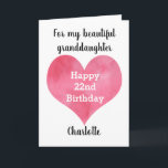 Red Watercolor Heart 22nd Birthday Card<br><div class="desc">A red watercolor heart 22nd birthday card for her. You will be able to easily personalize the front of the card with her name. The inside card message and back of the card can also be personalized. This twenty second birthday card would make a wonderful card keepsake for her.</div>
