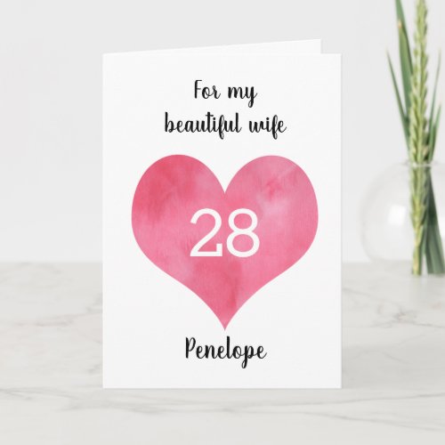 Red Watercolor Heart 28th Birthday Card