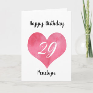 Red Watercolor Heart 29th Birthday Card