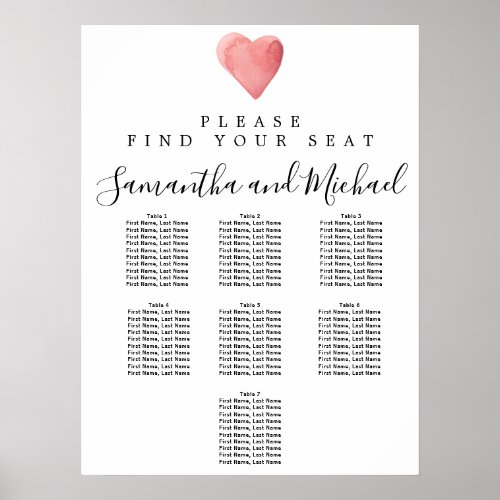 Red Watercolor Heart 7_Table Wedding Seating Chart
