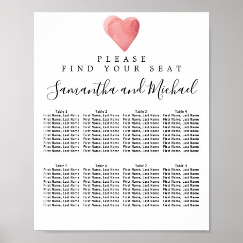 Red Watercolor Heart 8_Table Wedding Seating Chart