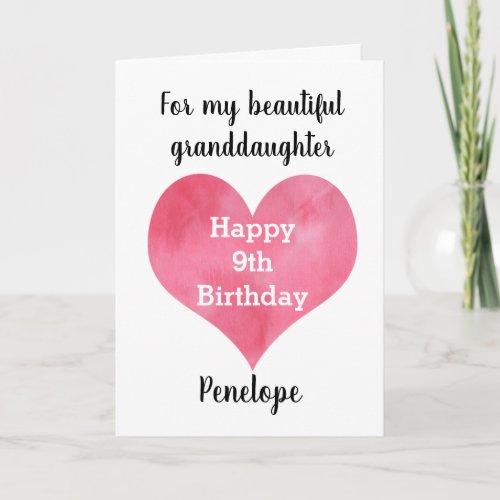 Red Watercolor Heart 9th Birthday Card