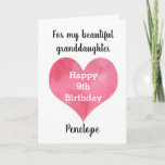 Red Watercolor Heart 9th Birthday Card<br><div class="desc">A personalized red watercolor heart 9th birthday card for granddaughter,  goddaughter,  daughter,  etc. The front of this modern 9th birthday card can be easily personalized with her name. The inside card message can also be edited. This heart ninth birthday card would make a sweet birthday keepsake card for her.</div>
