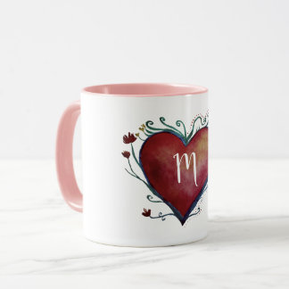 Red Watercolor Heart Custom Initial Mug