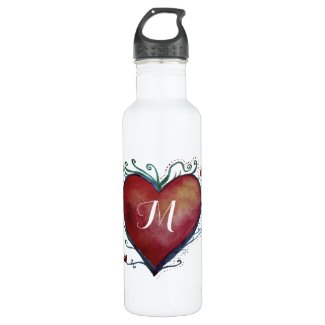 Red Watercolor Heart Custom Initial Water Bottle