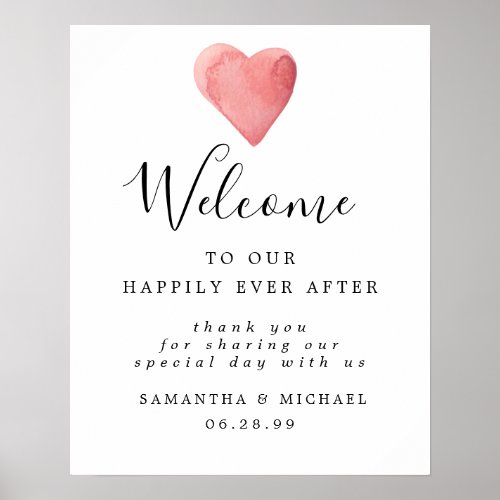 Red Watercolor Heart Elegant Wedding Welcome Sign