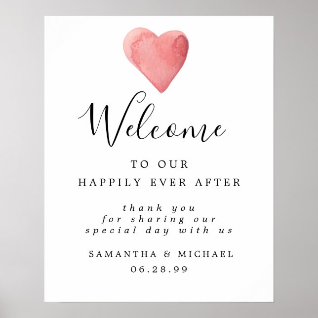 Red Watercolor Heart Elegant Wedding Welcome Sign (Front)