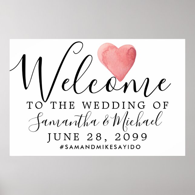 Red Watercolor Heart Modern Wedding Welcome Sign (Front)