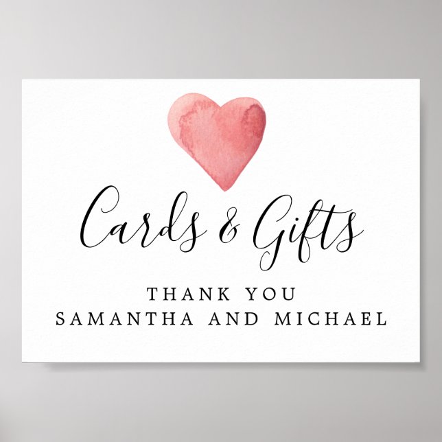 Red Watercolor Heart Wedding Cards and Gifts Sign (Front)