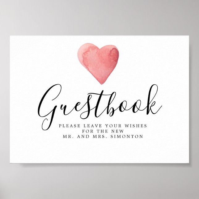 Red Watercolor Heart Wedding Guestbook Sign (Front)