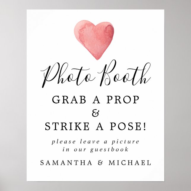 Red Watercolor Heart Wedding Photo Booth Sign (Front)