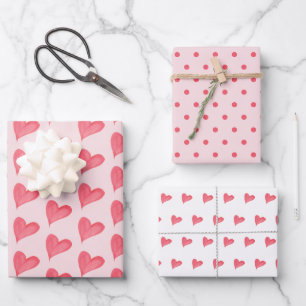 Red Watercolor Hearts, Dots Blush Pink, White Wrapping Paper Sheets