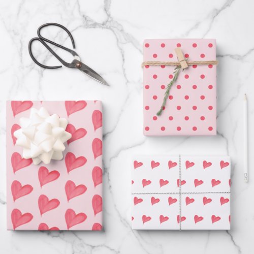 Red Watercolor Hearts Dots Blush Pink White Wrapping Paper Sheets