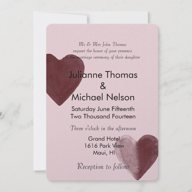Red Watercolor Hearts Pink Wedding Invitation (Front)