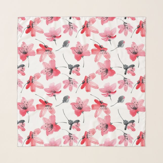 Red Watercolor Hibiscus Pattern Chiffon Scarf (Front)