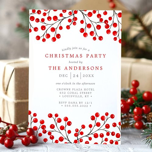 Red Watercolor Holly Berries Christmas Party Invitation