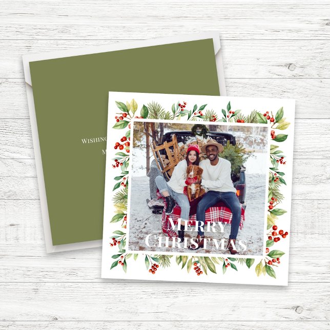 Red Watercolor Holly Merry Christmas Photo  Holiday Card (Christmas Photo Card with watercolor red holly berries greenery and simple square template.)