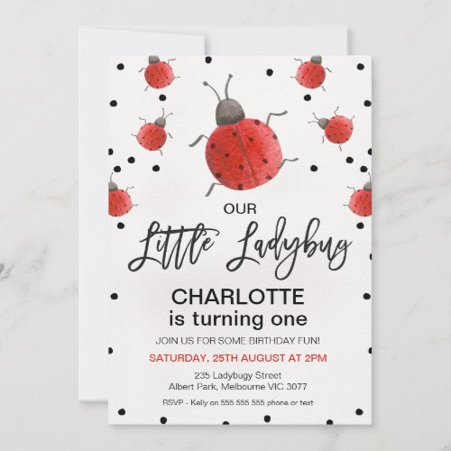 Red Watercolor Ladybug Birthday Invitation