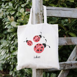 Red Watercolor Ladybugs Personalized Tote Bag<br><div class="desc">This tote bag features three sweet ladybugs in soft red and charcoal watercolors. Coordinates with our collection of Watercolor Ladybug clothing and accessories. Customize with a name if you wish -- makes a perfect party favor for girls' birthday parties!</div>