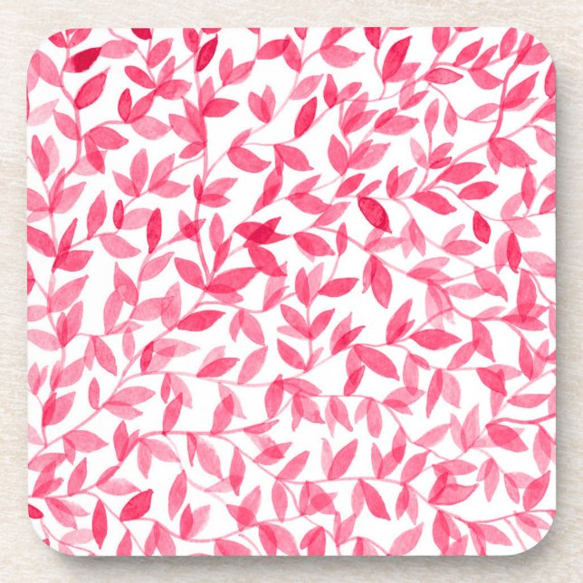 Red watercolor leaves design beverage coaster (Front)
