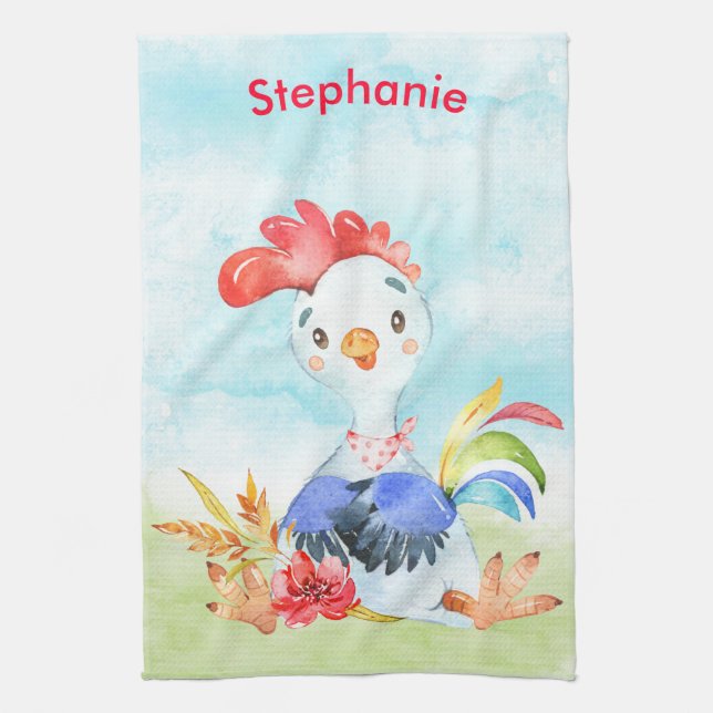 Red Watercolor Little Rooster Kitchen Towel (Vertical)