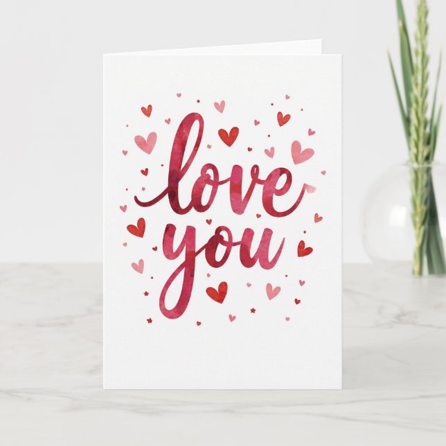 Red Watercolor Love You Hearts Card (Front)
