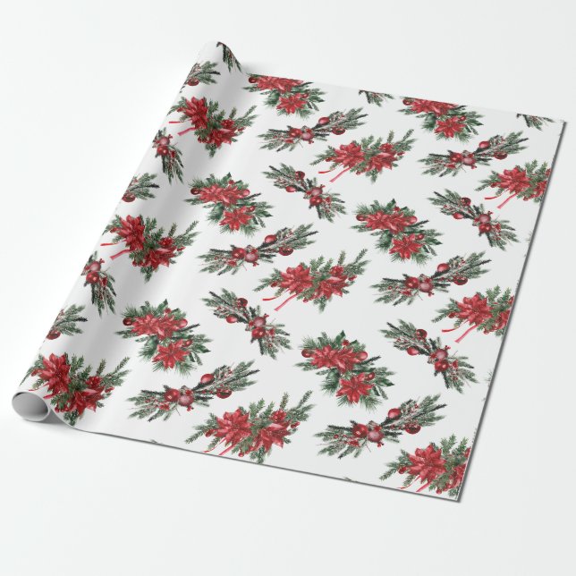 Red Watercolor-Painted Christmas Holiday Boughs Wrapping Paper (Unrolled)