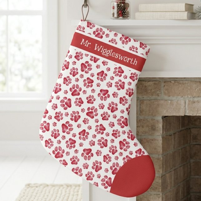 Red Watercolor Paw Print Pattern Large Christmas Stocking (Red watercolor paw print Christmas stocking — festive holiday gift idea for an animal lover.)