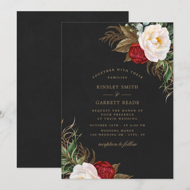 Red Watercolor Peonies Floral Black Gold Wedding Invitation (Front/Back)
