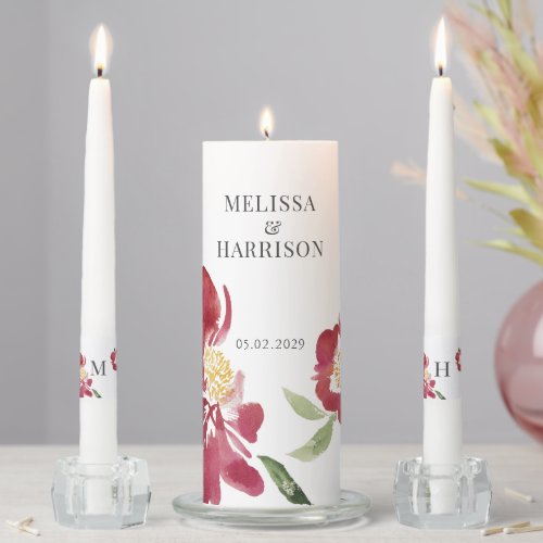 Red watercolor Peonies Wedding Unity Candle Set