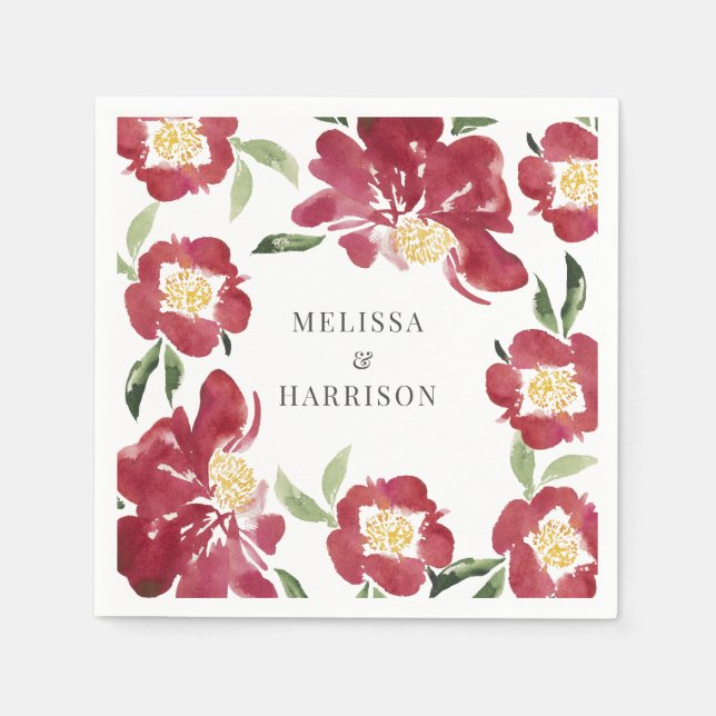Red Watercolor Peony Wedding  Napkins (Front)