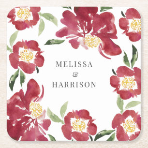 Red Watercolor Peony Wedding  Square Paper Coaster