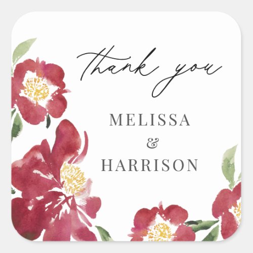 Red Watercolor Peony Wedding Thank You Square Sticker