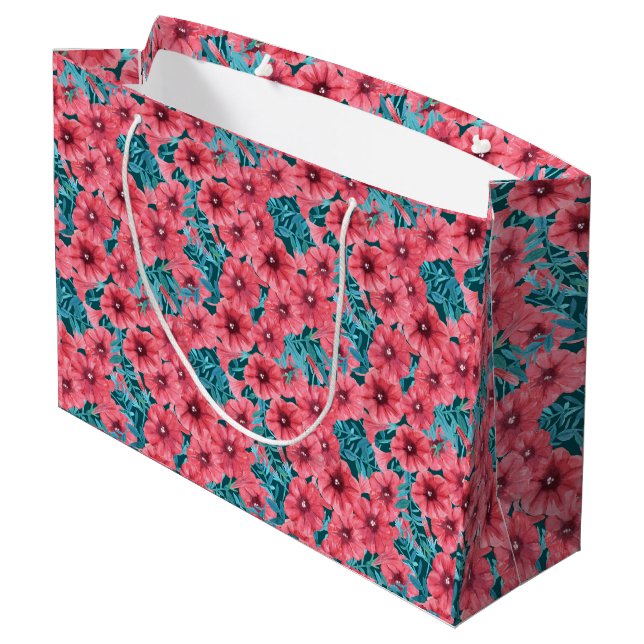 Red watercolor petunia flower pattern large gift bag (Back Angled)