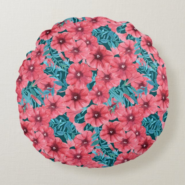 Red watercolor petunia flower pattern round pillow (Front)