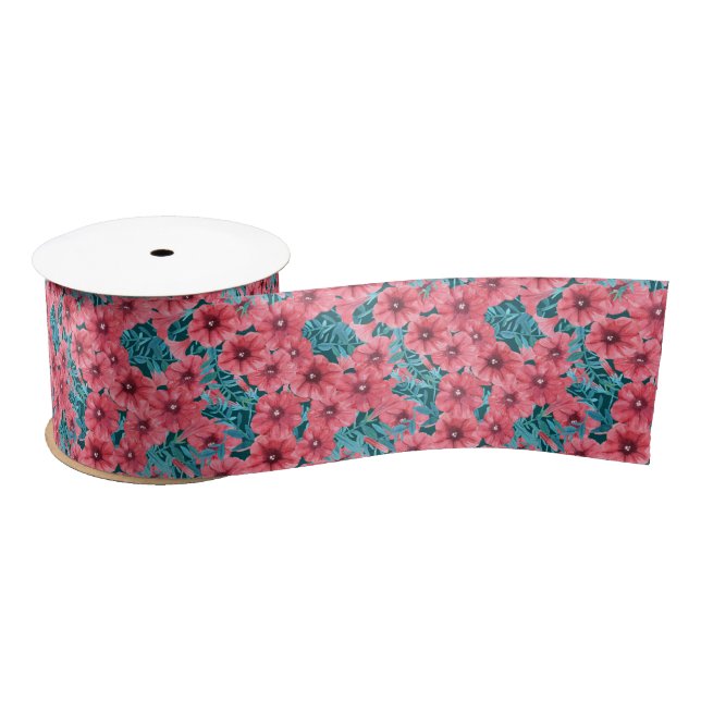 Red watercolor petunia flower pattern satin ribbon (Spool)