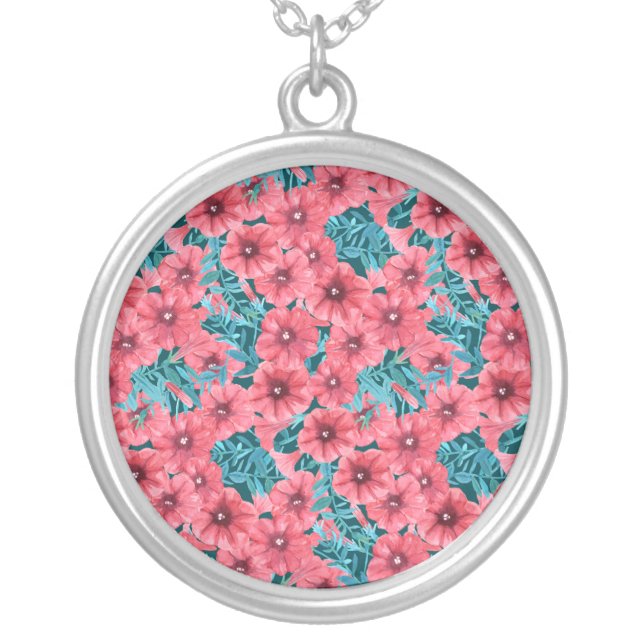 Red watercolor petunia flower pattern silver plated necklace (Front)